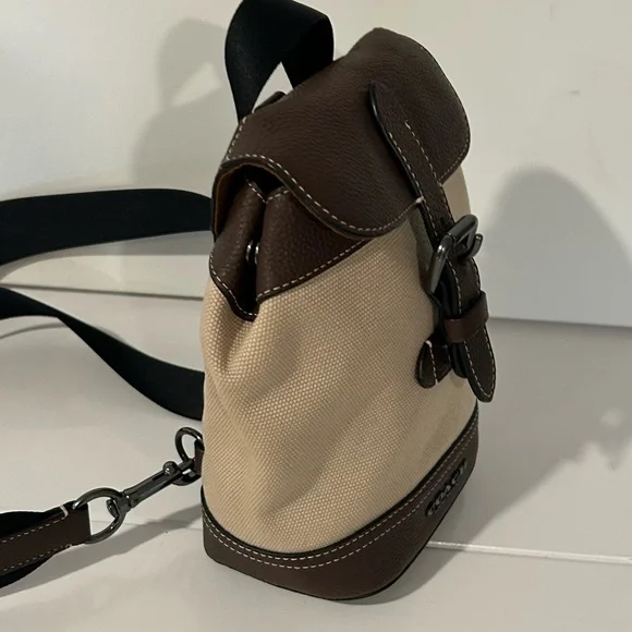 Coach Hudson Sling Pack Canvas Leather Brown Tan Crossbody Backpack NWT - Picture 5 of 12